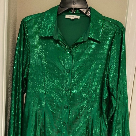Green Sequin Button-Up Shirt - Picture 1 of 7